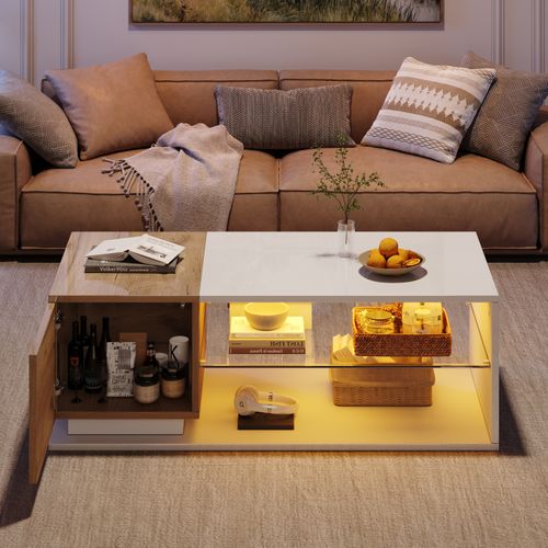 Table Basse Rectangulaire Blanc+naturel LED, Étagère Ouverte En Verre Trempé