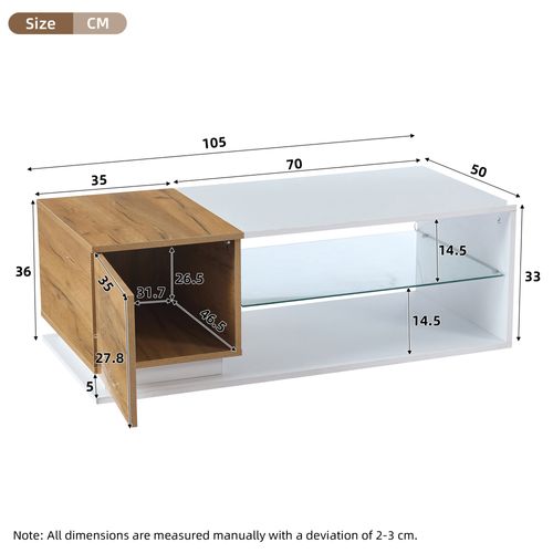 Table Basse Rectangulaire Blanc+naturel LED, Étagère Ouverte En Verre Trempé
