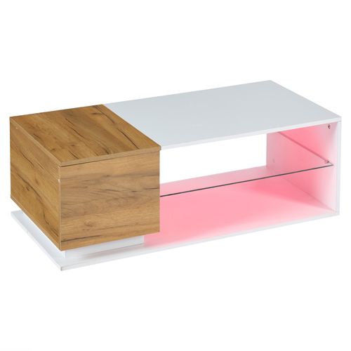 Table Basse Rectangulaire Blanc+naturel LED, Étagère Ouverte En Verre Trempé