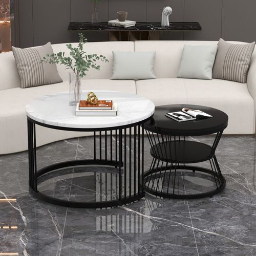 Lot De 2 Tables Basses Gigogne Ronde En Placage Marbre Blanc, Cadre En Métal Noir