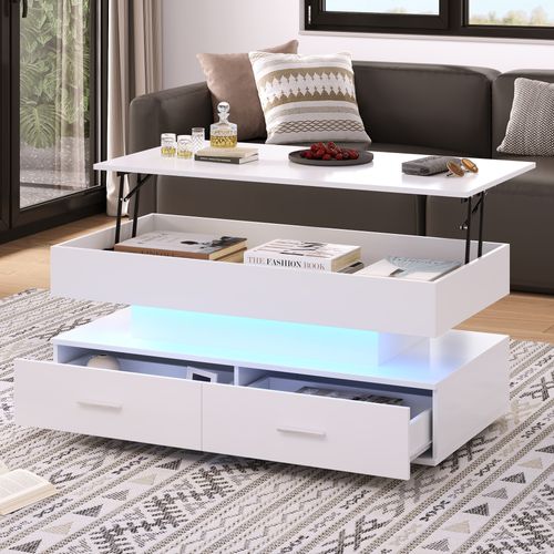 Table Basse LED Relevable Avec Rangement, Blanc, 100x50x44cm