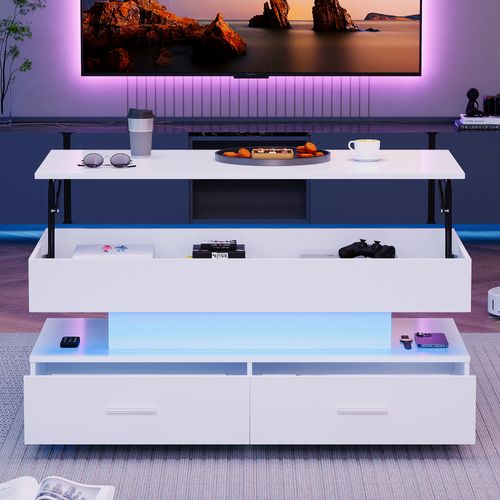 Table Basse LED Relevable Avec Rangement, Blanc, 100x50x44cm