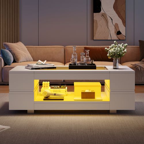 Table Basse Rectangulaire LED Blanc Avec Plateau En Verre