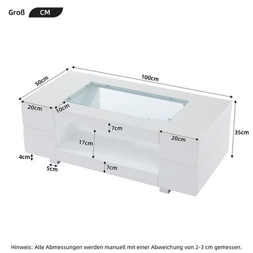 Table Basse Rectangulaire LED Blanc Avec Plateau En Verre