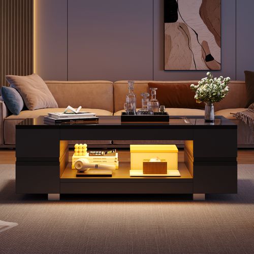 Table Basse Rectangulaire LED Noir Avec Plateau En Verre