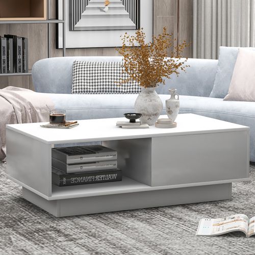 Table Basse Rectangulaire LED Blanc Moderne Avec Tiroir Et Compartiments De Rangement, 95x55x32cm