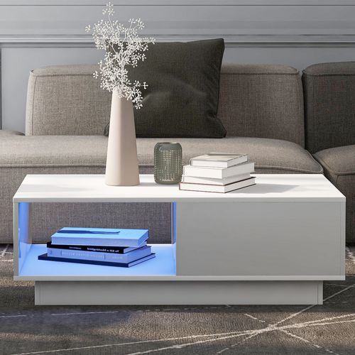 Table Basse Rectangulaire LED Blanc Moderne Avec Tiroir Et Compartiments De Rangement, 95x55x32cm