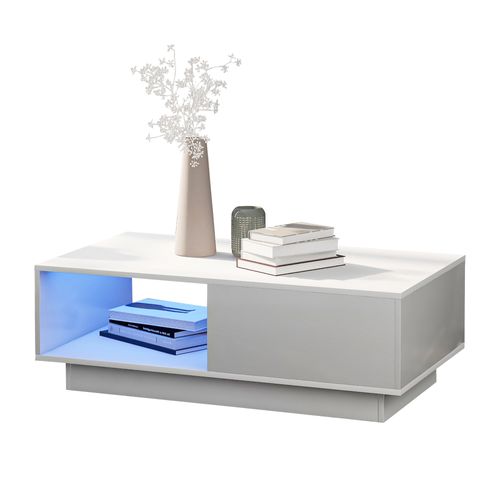 Table Basse Rectangulaire LED Blanc Moderne Avec Tiroir Et Compartiments De Rangement, 95x55x32cm