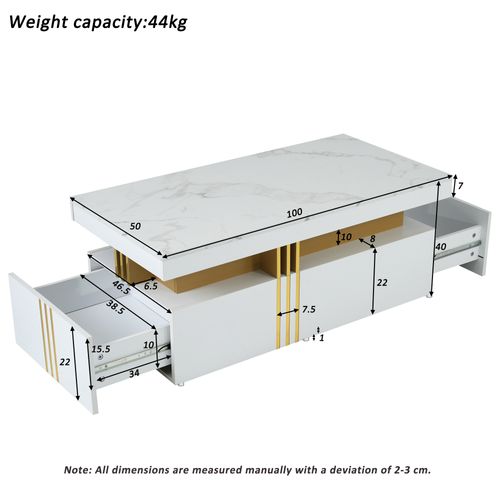 Table Basse Blanc Rectangulaire En Placage Marbre Moderne, 2 Tiroirs De Rangement, 100x50x40cm