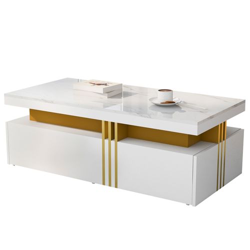 Table Basse Blanc Rectangulaire En Placage Marbre Moderne, 2 Tiroirs De Rangement, 100x50x40cm