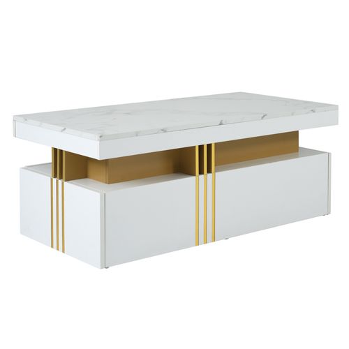 Table Basse Blanc Rectangulaire En Placage Marbre Moderne, 2 Tiroirs De Rangement, 100x50x40cm