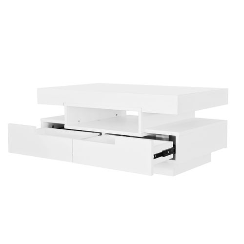 Table Basse Rectangulaire Blanche Brillante Avec LED, 4 Tiroirs De Rangement, 80x50x36cm