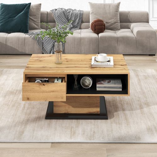 Table Basse Rangement 100x60cm Avec Tiroir, Woodgrain Naturel Clair