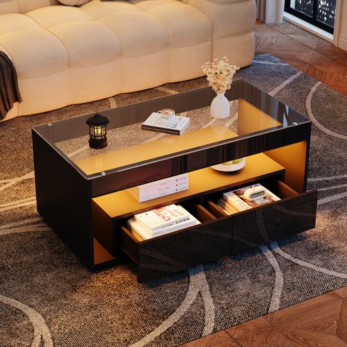 Table Basse Noir Rectangulaire Plateau En Verre, LED, Avec 2 Tiroirs, 100×50×40cm