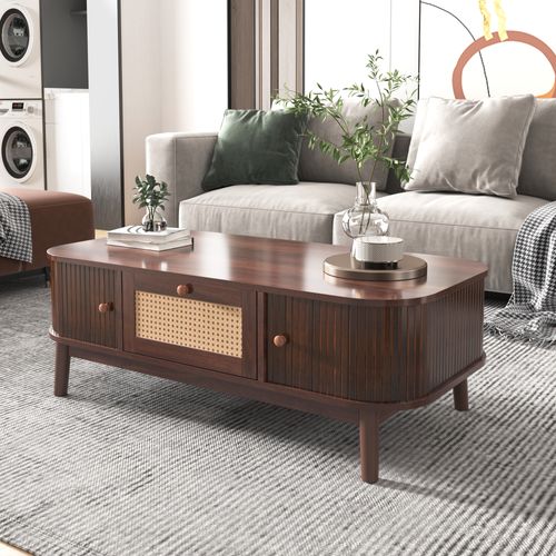 Table Basse Marron Avec Portes Coulissantes Et 1 Tiroir, 110x55x38.5 Cm, Charge De 50 Kg