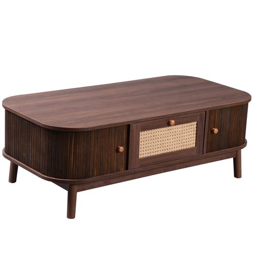 Table Basse Marron Avec Portes Coulissantes Et 1 Tiroir, 110x55x38.5 Cm, Charge De 50 Kg