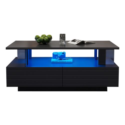 Table Basse Rectangulaire LED Noir Avec 2 Tiroirs De Rangement En Acrylique
