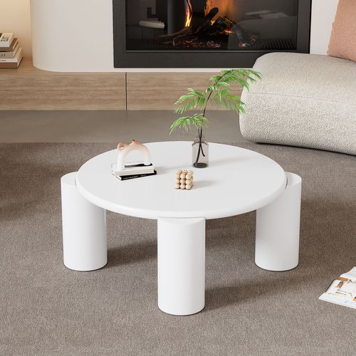 Table Basse Ronde Blanc, Table D'appoint De Salon Chambre, 4 Pieds De Support, Mdf, 70x70x39 Cm