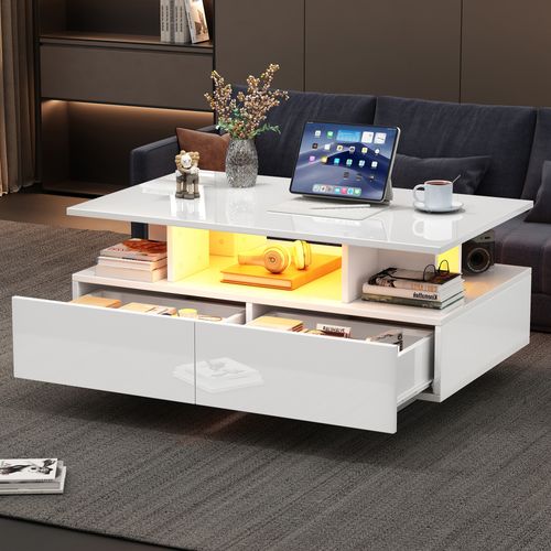 Table Basse Blanc Brillante Avec Éclairage LED Et 2 Tiroirs - 90x55x41 Cm Table D'appoint