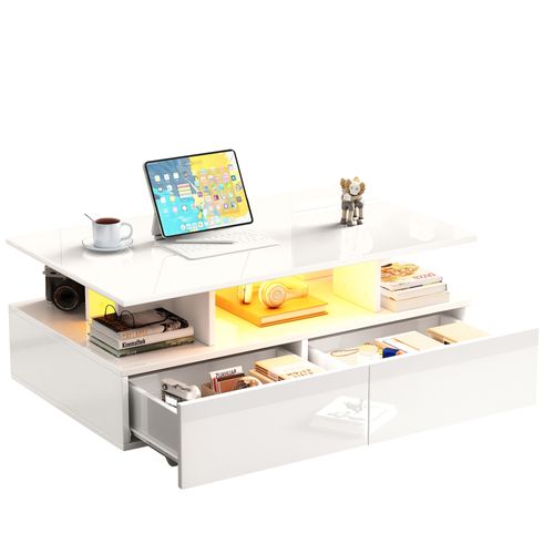 Table Basse Blanc Brillante Avec Éclairage LED Et 2 Tiroirs - 90x55x41 Cm Table D'appoint