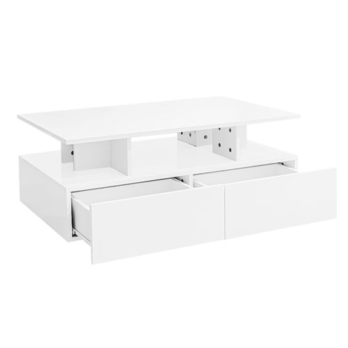 Table Basse Blanc Brillante Avec Éclairage LED Et 2 Tiroirs - 90x55x41 Cm Table D'appoint
