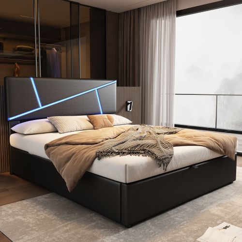 Lit Coffre Adulte 140x200 Cm Avec Éclairage LED Télécommande, Sommier à Lattes, En Pu, Noir