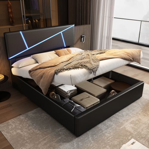 Lit Coffre Adulte 140x200 Cm Avec Éclairage LED Télécommande, Sommier à Lattes, En Pu, Noir