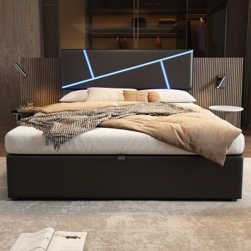 Lit Coffre Adulte 140x200 Cm Avec Éclairage LED Télécommande, Sommier à Lattes, En Pu, Noir