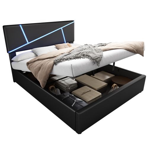 Lit Coffre Adulte 140x200 Cm Avec Éclairage LED Télécommande, Sommier à Lattes, En Pu, Noir