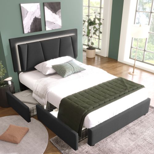 Lit Enfant 90x200 Cm Avec Éclairage LED Télécommandé, 2 Tiroirs, Tête De Lit Réglable, En Lin, Gris