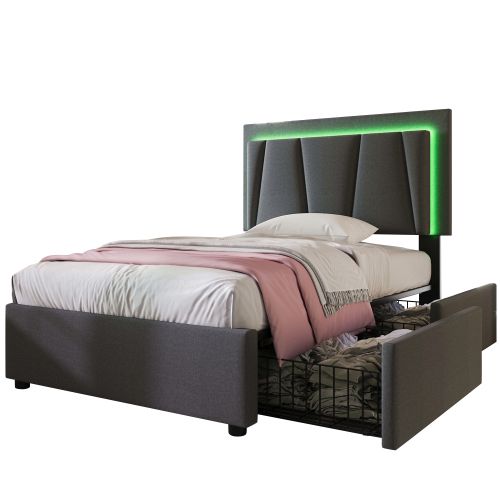 Lit Enfant 90x200 Cm Avec Éclairage LED Télécommandé, 2 Tiroirs, Tête De Lit Réglable, En Lin, Gris