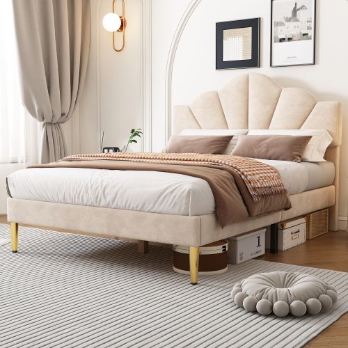Lit Adulte 140x190 Cm Avec Pieds En Fer Doré, Tête De Lit Coque Réglable, Velours, Beige