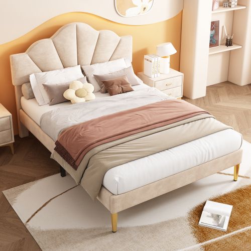 Lit Adulte 140x190 Cm Avec Pieds En Fer Doré, Tête De Lit Coque Réglable, Velours, Beige