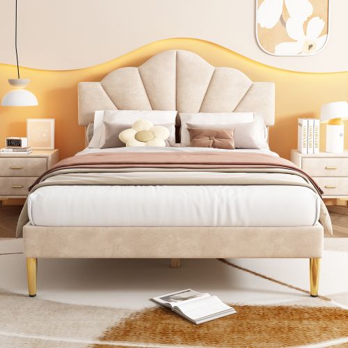 Lit Adulte 140x190 Cm Avec Pieds En Fer Doré, Tête De Lit Coque Réglable, Velours, Beige
