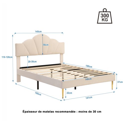 Lit Adulte 140x190 Cm Avec Pieds En Fer Doré, Tête De Lit Coque Réglable, Velours, Beige