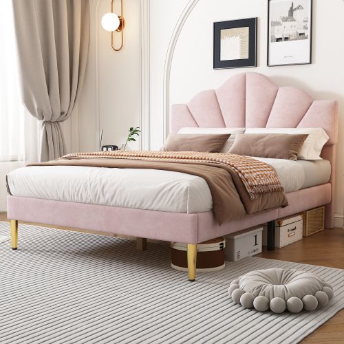 Lit Adulte 140x190 Cm Avec Pieds En Fer Doré, Tête De Lit Coque Réglable, Velours, Rose