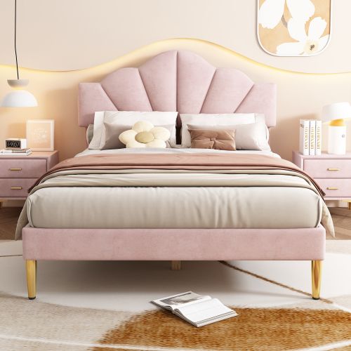 Lit Adulte 140x190 Cm Avec Pieds En Fer Doré, Tête De Lit Coque Réglable, Velours, Rose