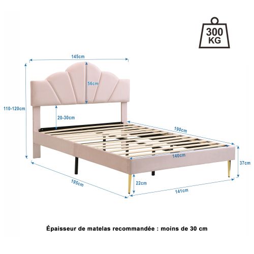 Lit Adulte 140x190 Cm Avec Pieds En Fer Doré, Tête De Lit Coque Réglable, Velours, Rose