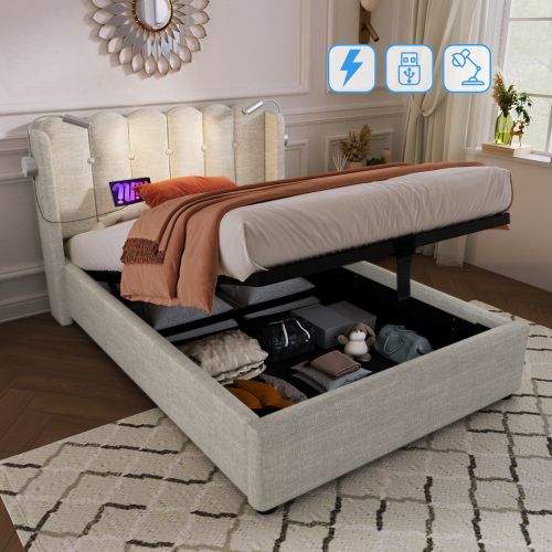 Lit Coffre Enfant 90x200 Cm Avec Liseuse Rechargeable, En Lin, Naturel