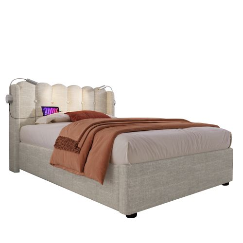 Lit Coffre Enfant 90x200 Cm Avec Liseuse Rechargeable, En Lin, Naturel