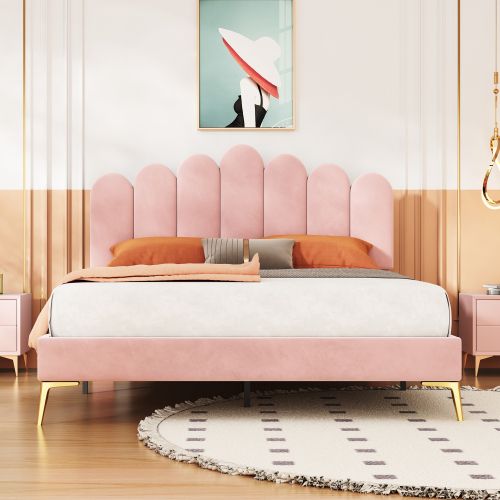 Lit Adulte 140x200 Cm Avec Tête De Lit à Doigts, Pieds Dorés, En Velours, Rose