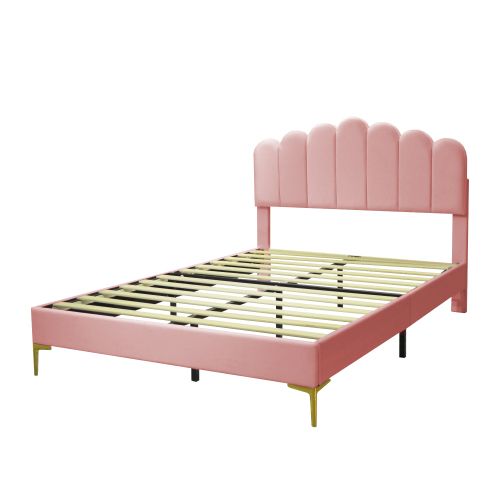 Lit Adulte 140x200 Cm Avec Tête De Lit à Doigts, Pieds Dorés, En Velours, Rose