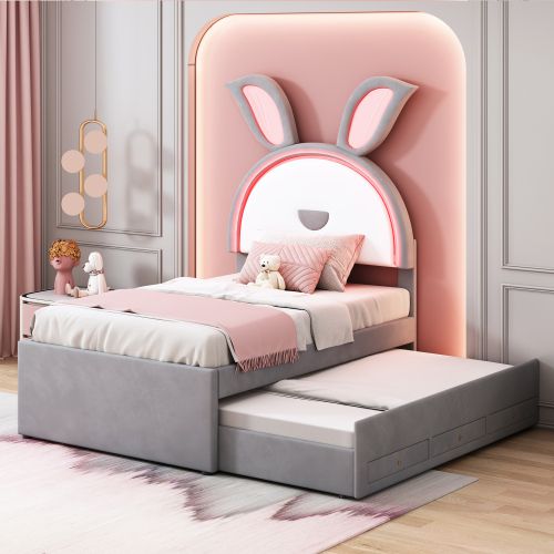 Lit Enfant 90x200 Cm Avec Lit Gigogne, Tête De Lit Oreilles De Lapin, 3 Tiroirs Et Lumière LED, Gris