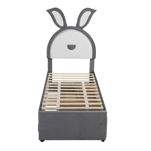 Lit Enfant 90x200 Cm Avec Lit Gigogne, Tête De Lit Oreilles De Lapin, 3 Tiroirs Et Lumière LED, Gris