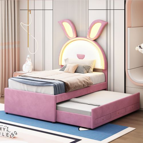 Lit Enfant 90x200 Cm Avec Lit Gigogne, Tête De Lit Oreilles De Lapin, 3 Tiroirs Et Lumière LED, Rose