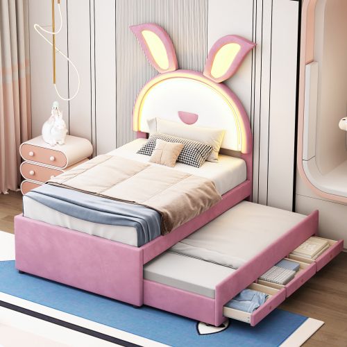 Lit Enfant 90x200 Cm Avec Lit Gigogne, Tête De Lit Oreilles De Lapin, 3 Tiroirs Et Lumière LED, Rose