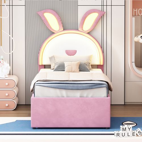 Lit Enfant 90x200 Cm Avec Lit Gigogne, Tête De Lit Oreilles De Lapin, 3 Tiroirs Et Lumière LED, Rose