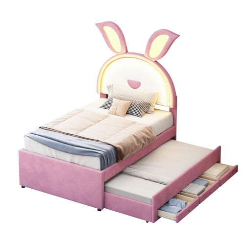 Lit Enfant 90x200 Cm Avec Lit Gigogne, Tête De Lit Oreilles De Lapin, 3 Tiroirs Et Lumière LED, Rose