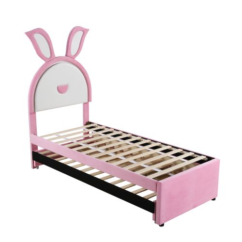 Lit Enfant 90x200 Cm Avec Lit Gigogne, Tête De Lit Oreilles De Lapin, 3 Tiroirs Et Lumière LED, Rose