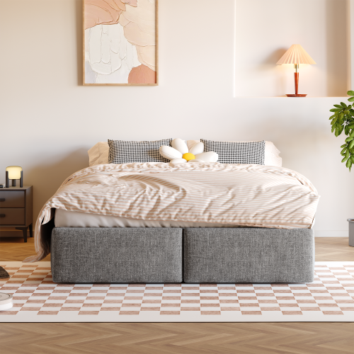 Lit Coffre Adulte 140x200 Cm Avec 2 Tiroirs, Sans Tête De Lit, En Lin, Gris